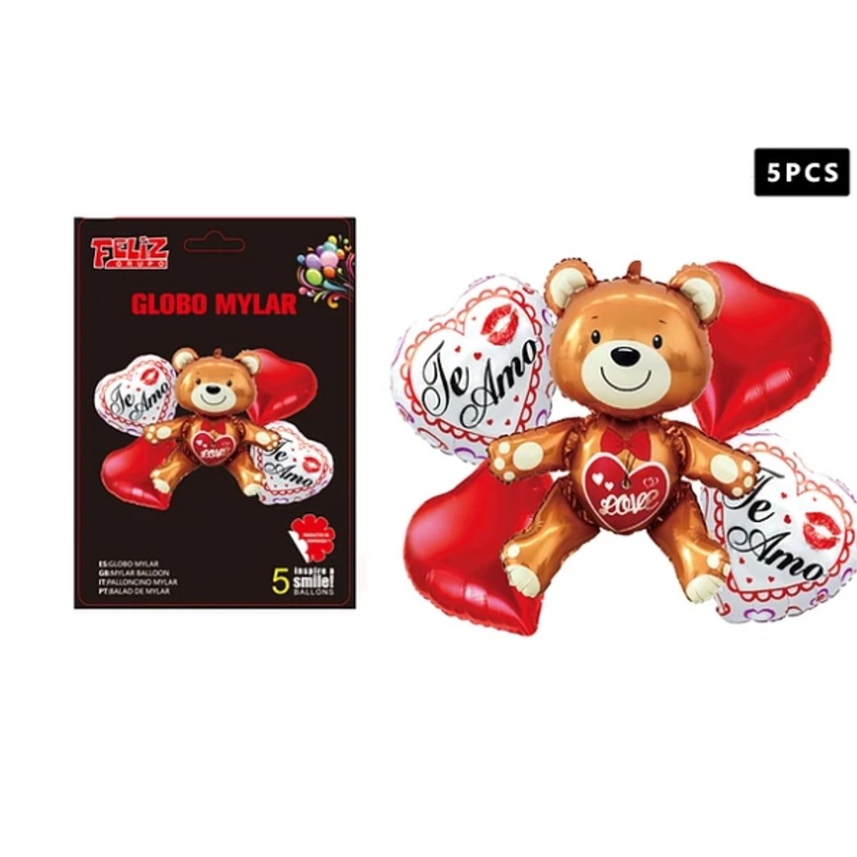 GENERICO - Set Globos Corazones Con Ositos Te Amo 5 Pcs