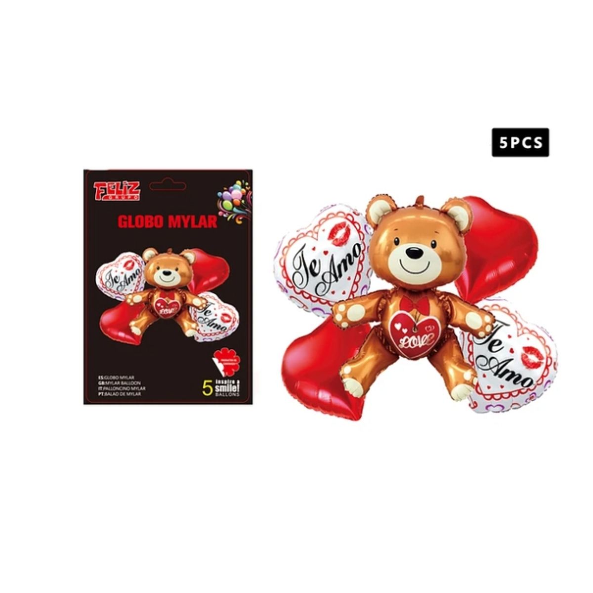 GENERICO - Set Globos Corazones Con Ositos Te Amo 5 Pcs