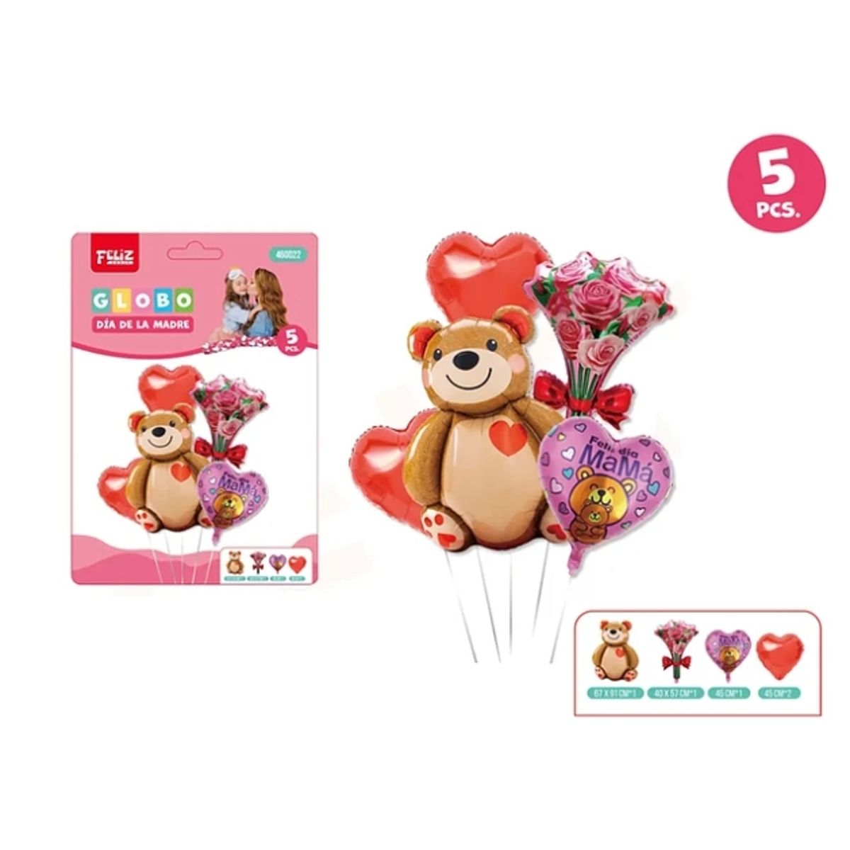 GENERICO - Set Globos Día De La Madre Con Osito 5Pcs