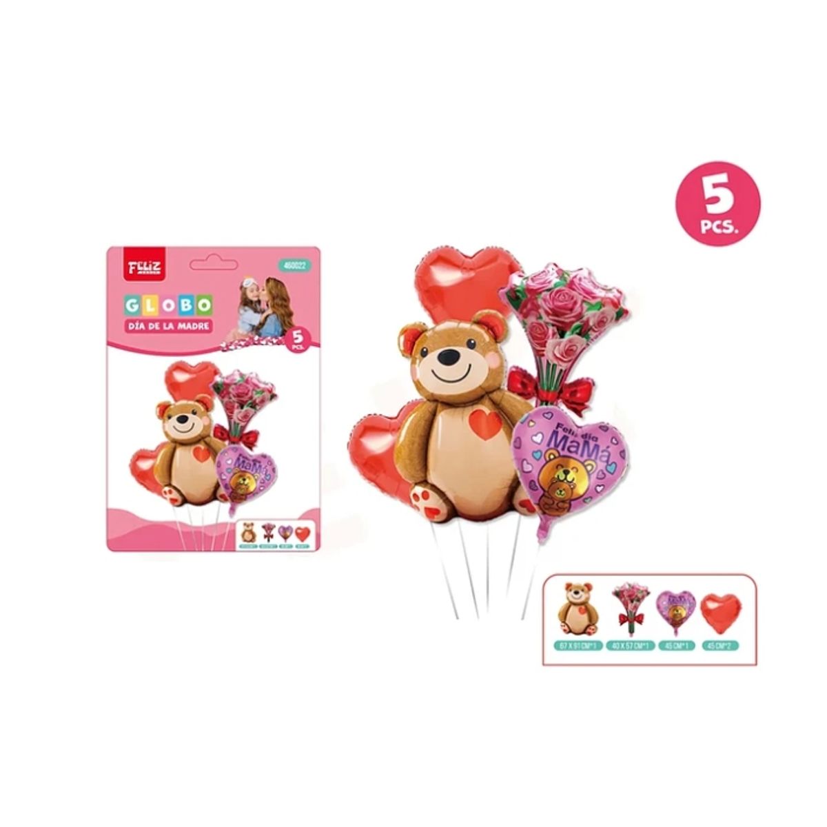 GENERICO - Set Globos Día De La Madre Con Osito 5Pcs