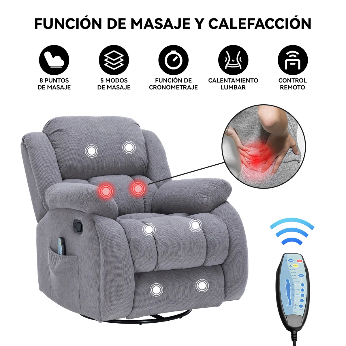 ELEMENT DESIGN - Berger Reclinable con Masajes Y Calefacción Tela Gris