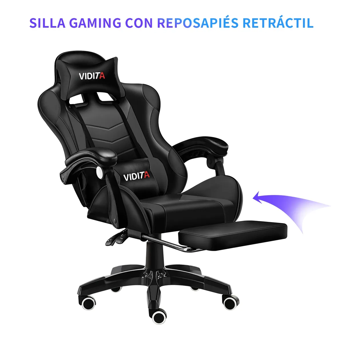 VIDITA - Set Silla Gamer Con Reposapiés y Escritorio Gamer K-RGB 140cm Negro