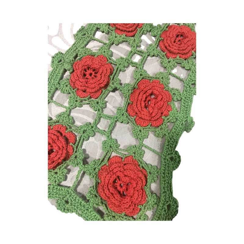 GENERICO - Camino de mesa verde con flores rojas tejido a mano