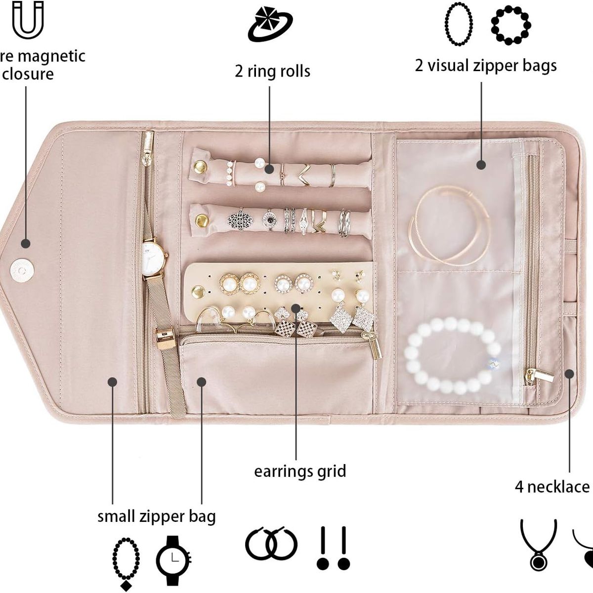 PAGANOOM - Organizador de joyas de viaje rollo de joyería para anillos - L