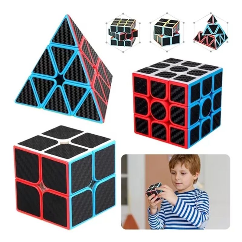 GENERICO - Paquete 3 Cubos Rubik 2x2 3x3 Pyramid Z Cobra Fibra Carbono