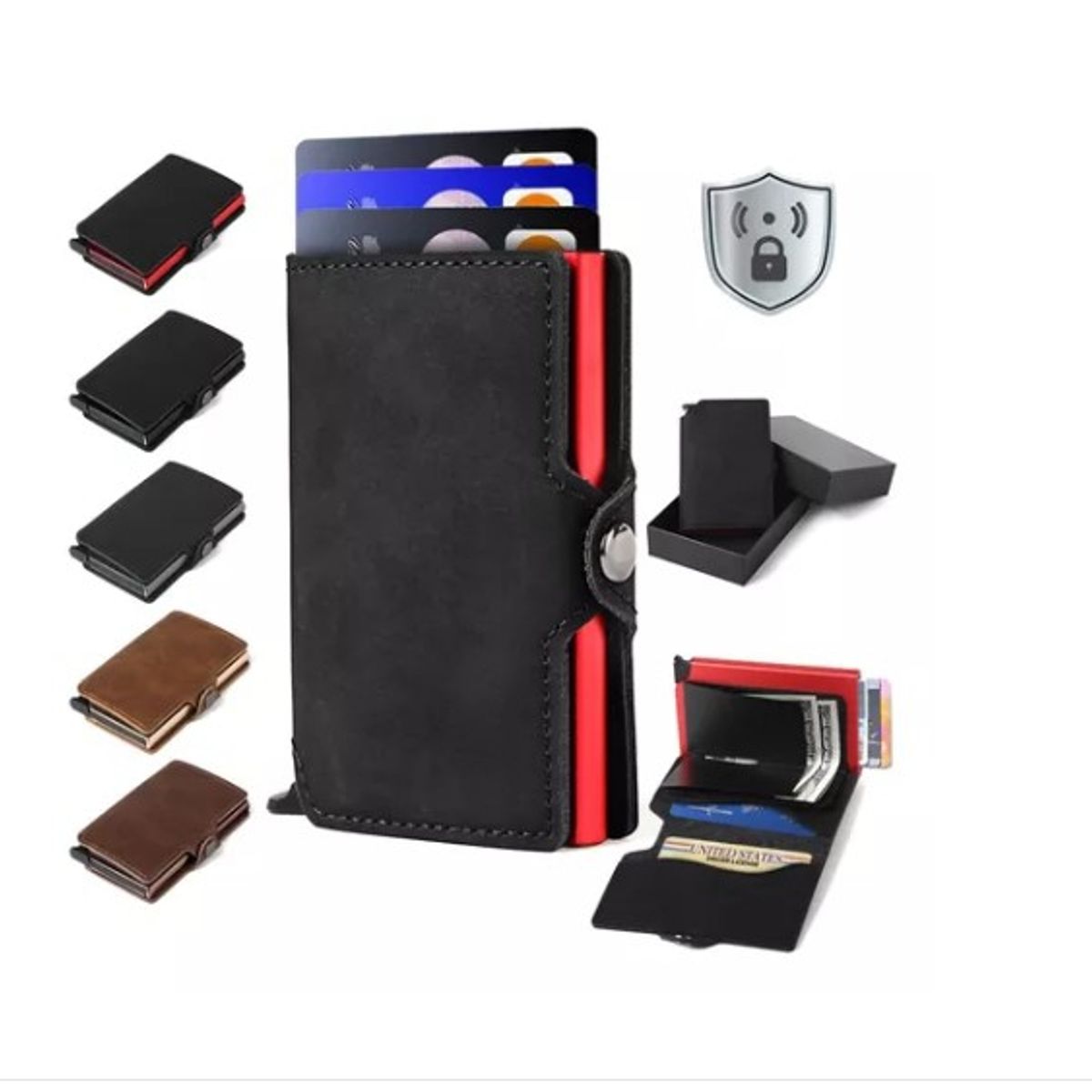 GENERICO - Billetera Tarjetero Cuero Hombre Minimalista Con Rfid Negro y Rojo