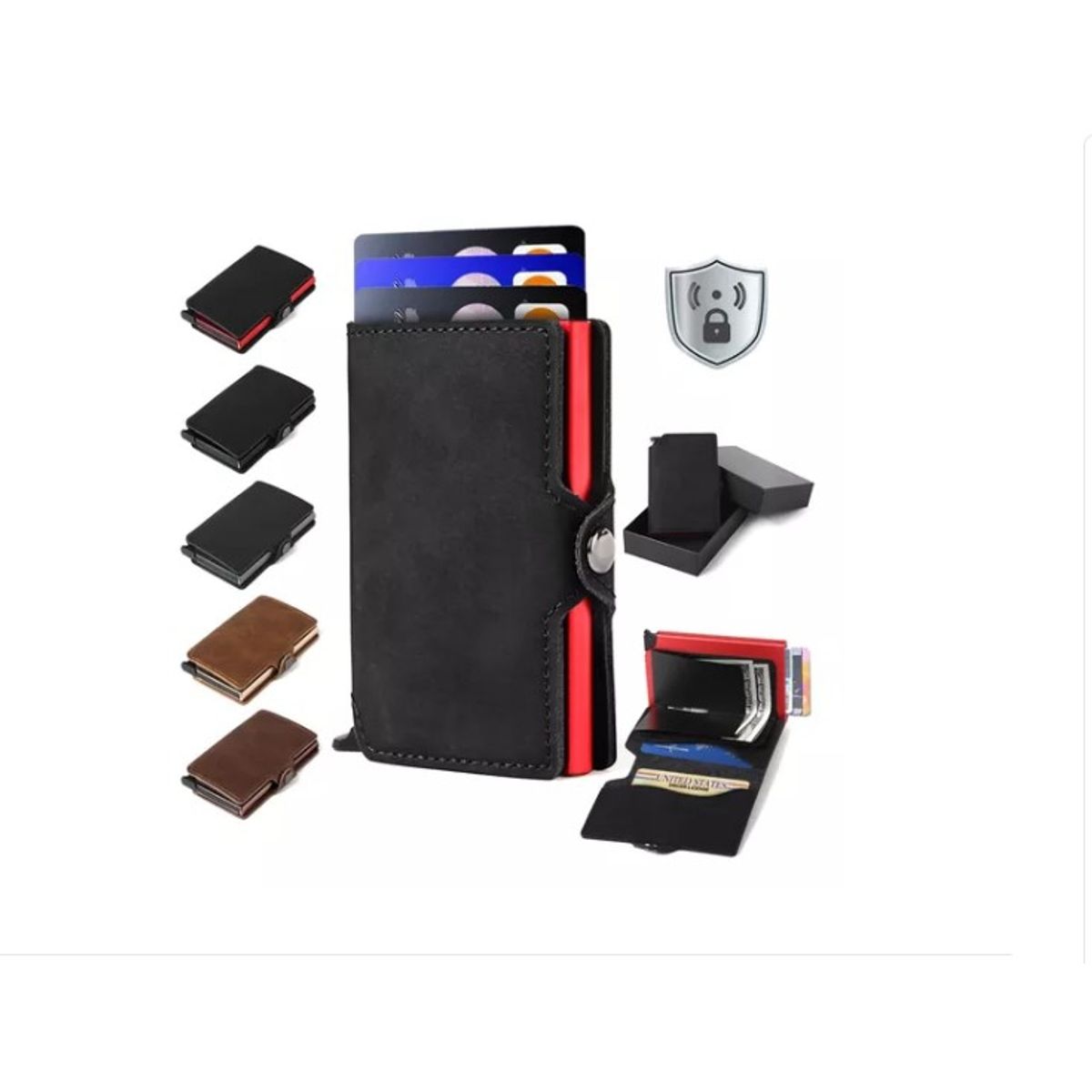 GENERICO - Billetera Tarjetero Cuero Hombre Minimalista Con Rfid Negro y Rojo