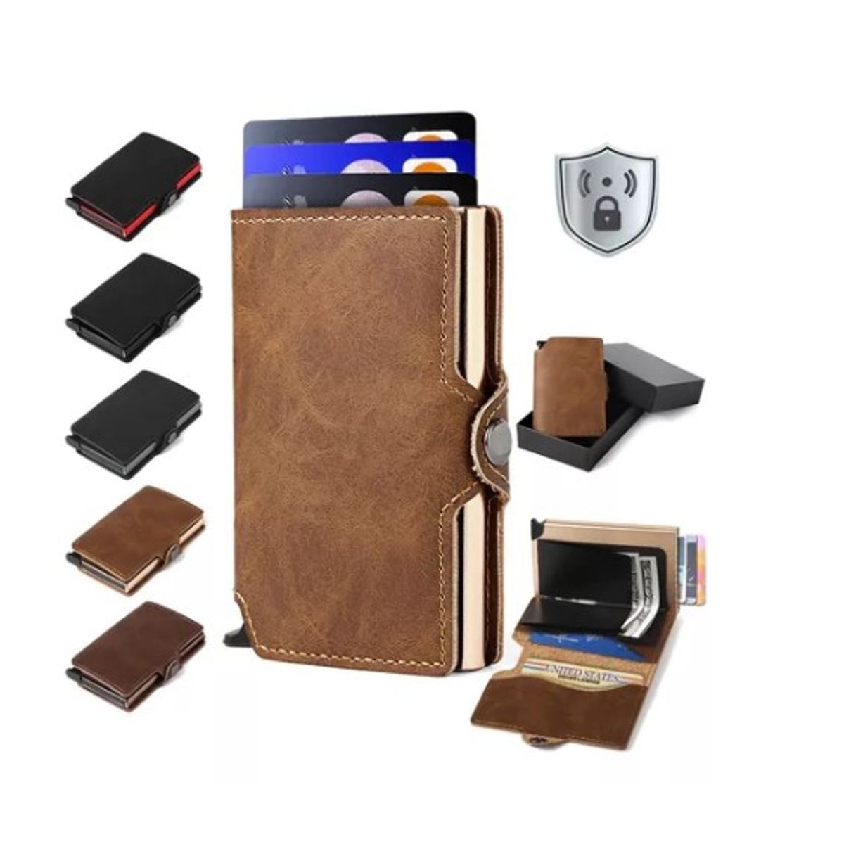 GENERICO - Billetera Tarjetero Cuero Hombre Minimalista Con Rfid Marrón Claro