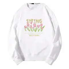 BLWOENS - Polerón sin gorro liso unisex con estampado de flores- Blanco