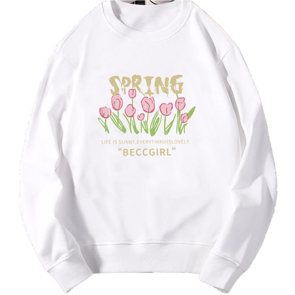 BLWOENS - Polerón sin gorro liso unisex con estampado de flores- Blanco