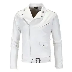 BLWOENS - Chaqueta cuero PU con cierre para hombres -Blanco