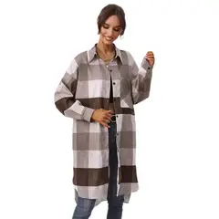 BLWOENS - Chaqueta larga a cuadros con botones para mujer - Café