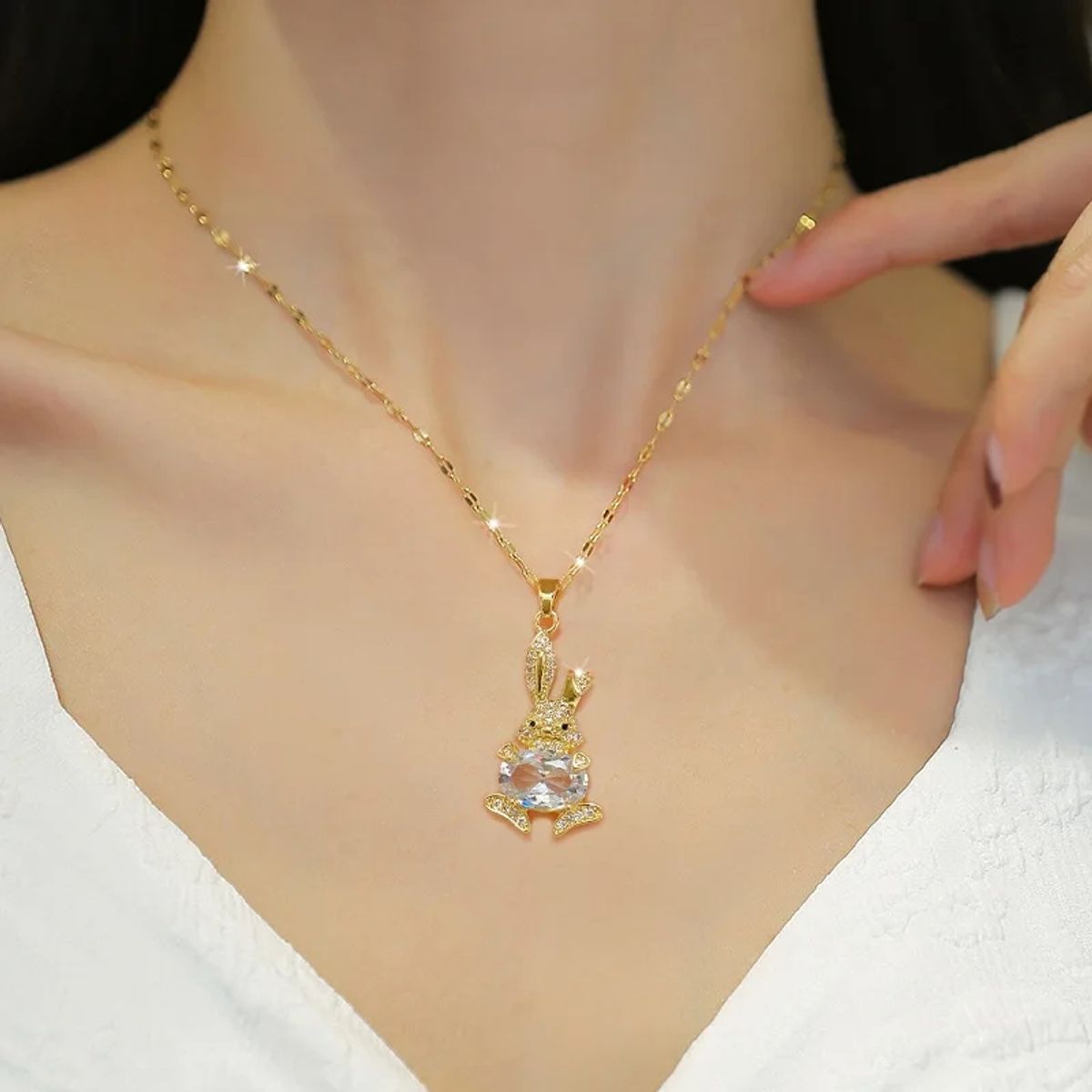 GENERICO - Collar Conejo De Pascua Cadena Acero Inoxidable - Baño Oro 18k
