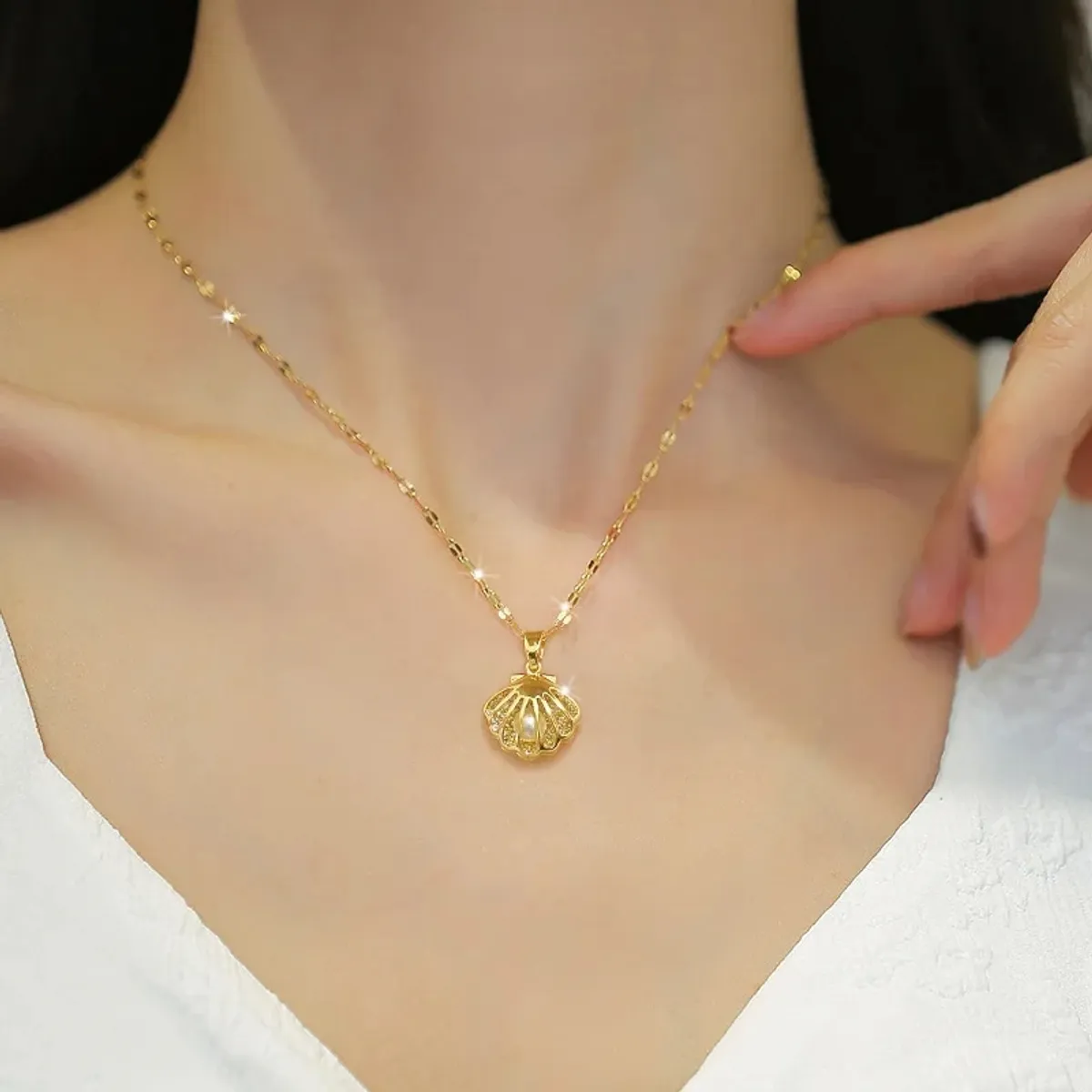 GENERICO - Collar Ostra Concha Con Perla Cadena De Acero - Baño Oro 18k