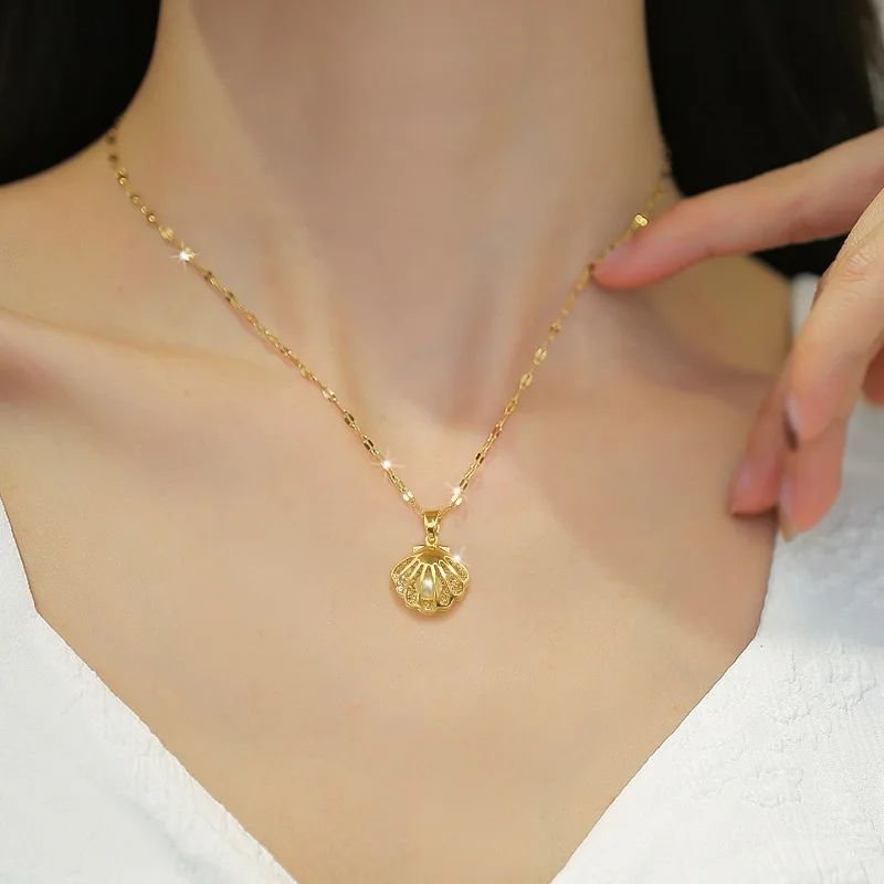 GENERICO - Collar Ostra Concha Con Perla Cadena De Acero - Baño Oro 18k