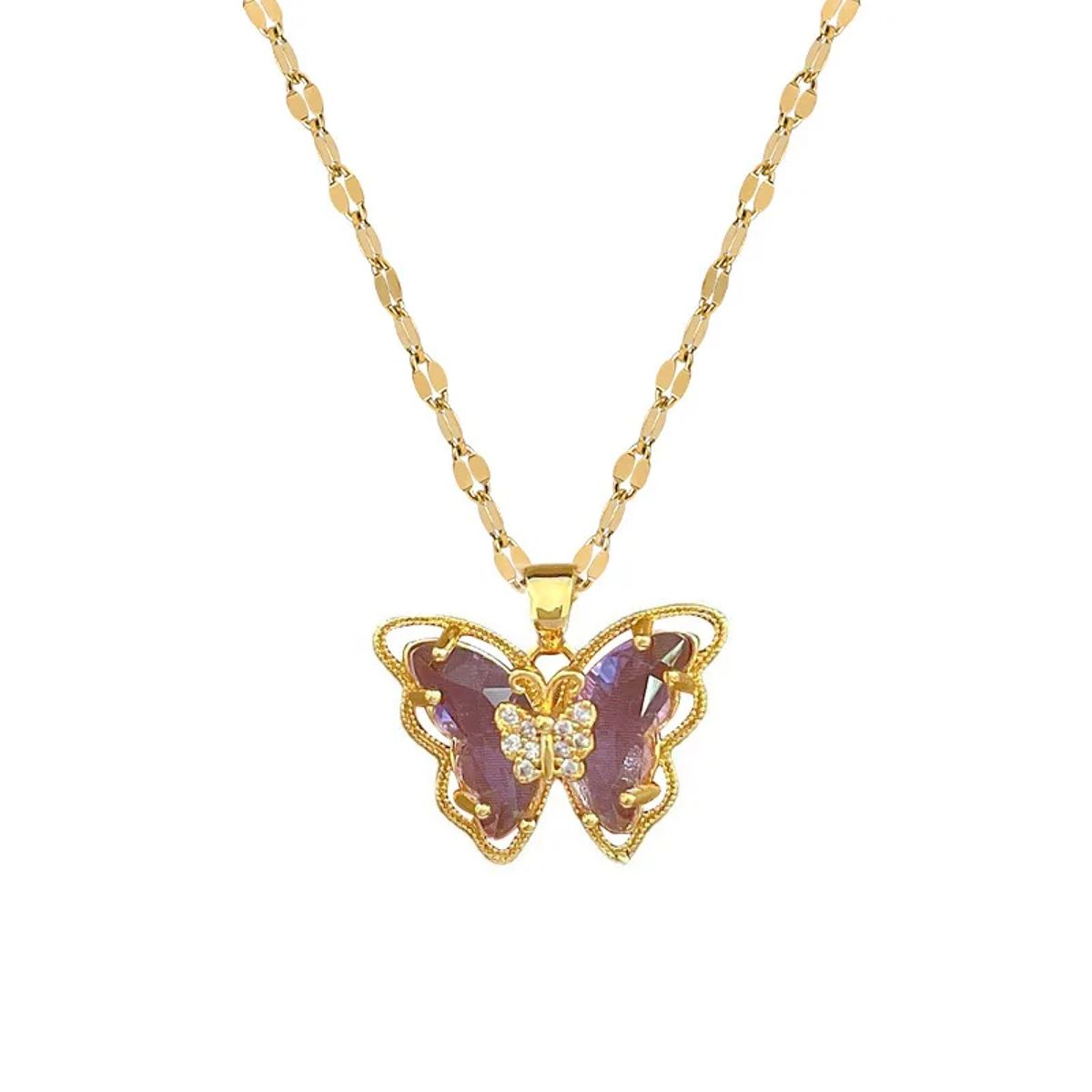 GENERICO - Collar Mariposa Cristal Lila - Acero Inoxidable Bañado En Oro 18k