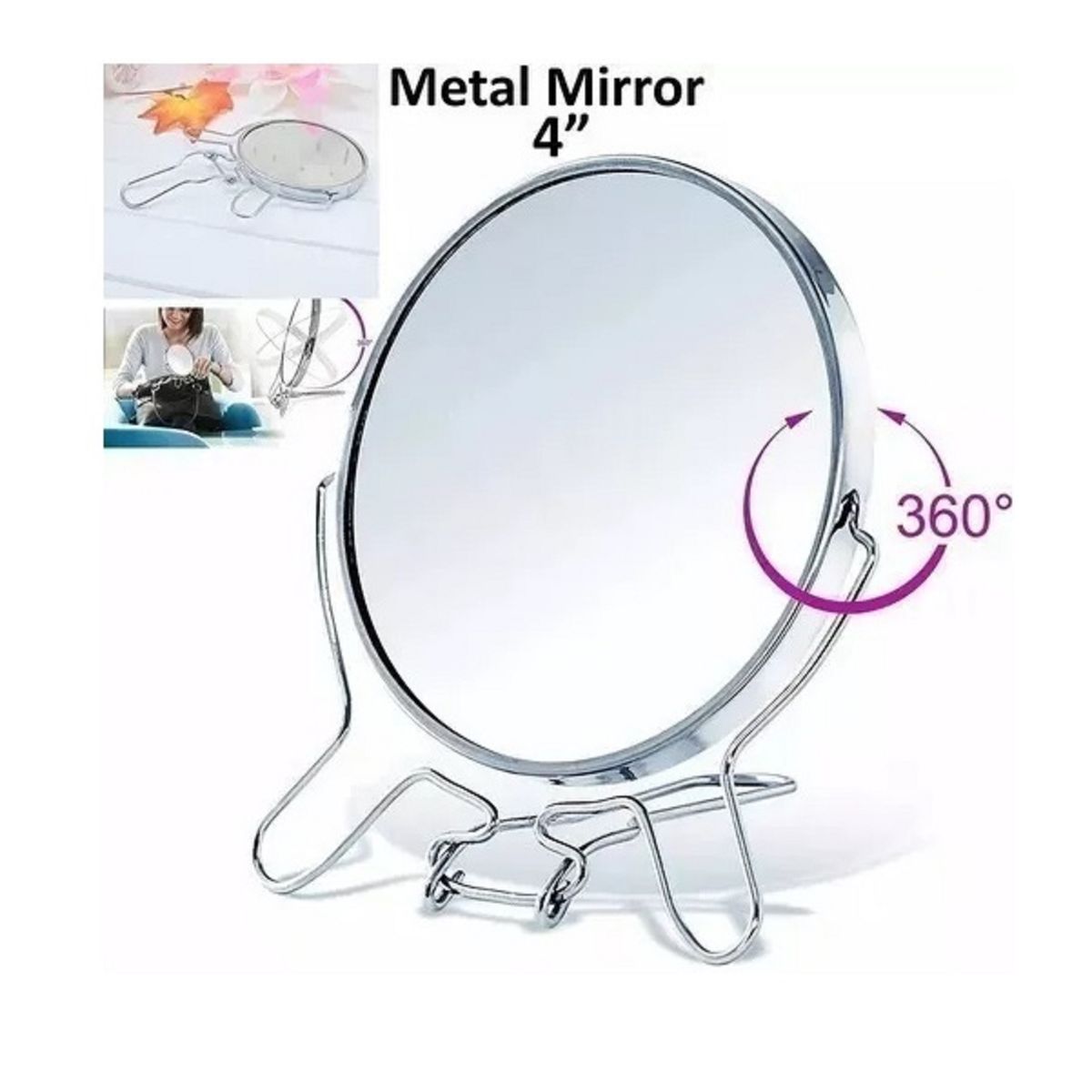 GENERICO - Espejo Redondo Doble Cara Aumento Normal Base Metal 4pulgada