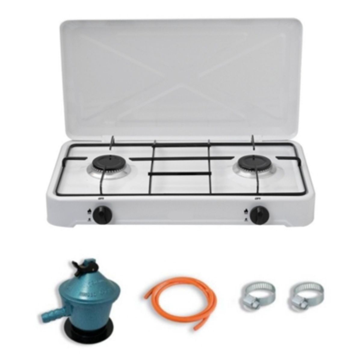 UTILISIMO - Cocinilla Encimera a Gas Licuado 2 Platos Blanca + KIT de instalación