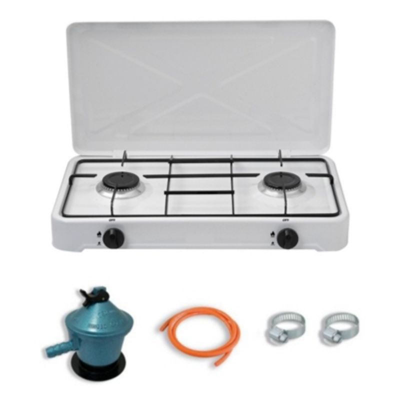 UTILISIMO - Cocinilla Encimera a Gas Licuado 2 Platos Blanca + KIT de instalación