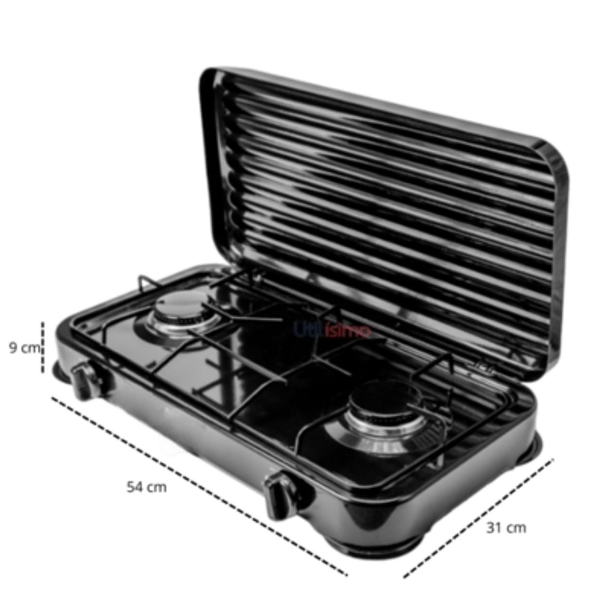 UTILISIMO - Cocinilla Encimera a Gas Licuado 2 Platos Negra + KIT de Instalación