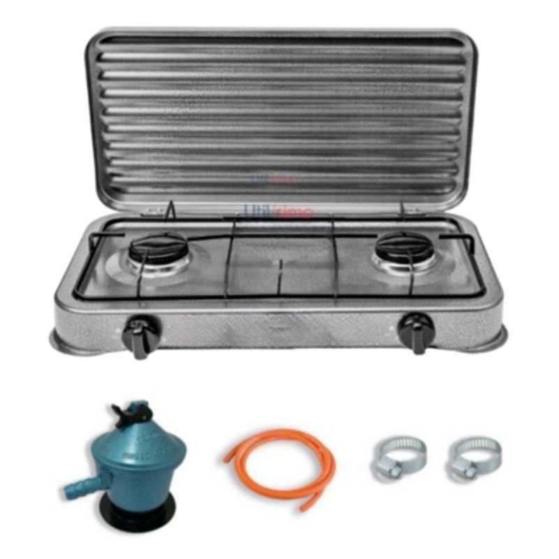 UTILISIMO - Cocinilla Encimera a Gas Licuado 2 Platos Gris + Kit de Instalación
