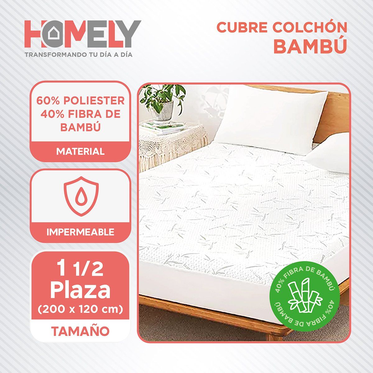 HOMELY - Cubre Colchon Bambu Cobertor Impermeable 1 1/2 plazas