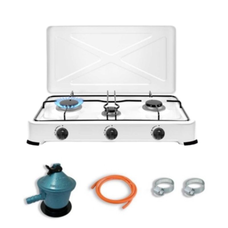 UTILISIMO - Cocina Encimera a Gas Licuado 3 Platos Blanca + KIT de instalación