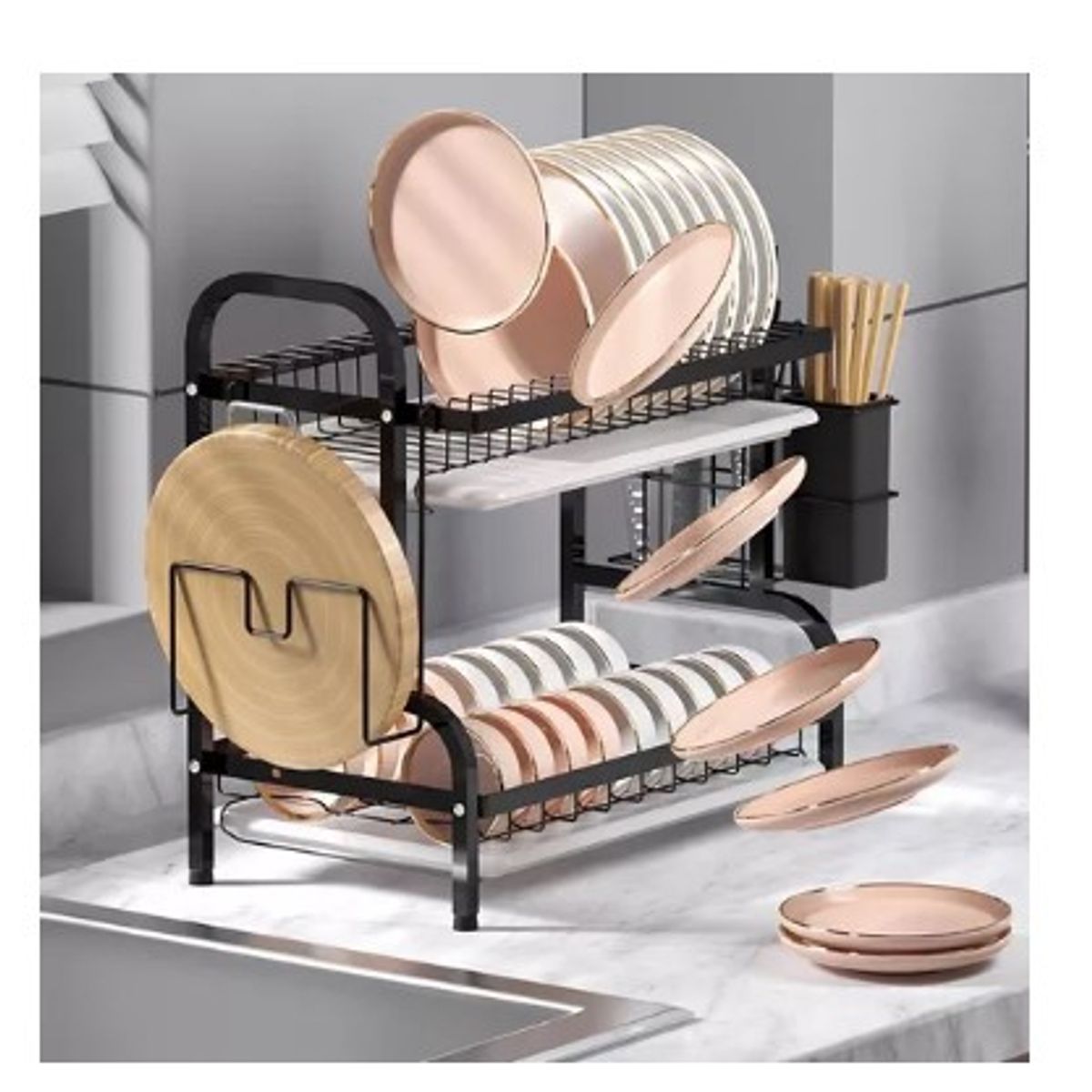 GENERICO - Secador Escurridor De Platos Loza Vajilla 2 Niveles Cocina Color Negro