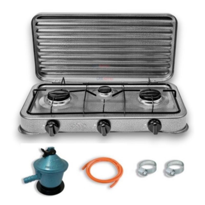 UTILISIMO - Cocinilla Encimera a Gas Licuado 3 Platos Gris + KIT de instalación