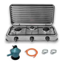 UTILISIMO - Cocinilla Encimera a Gas Licuado 3 Platos Gris + KIT de instalación