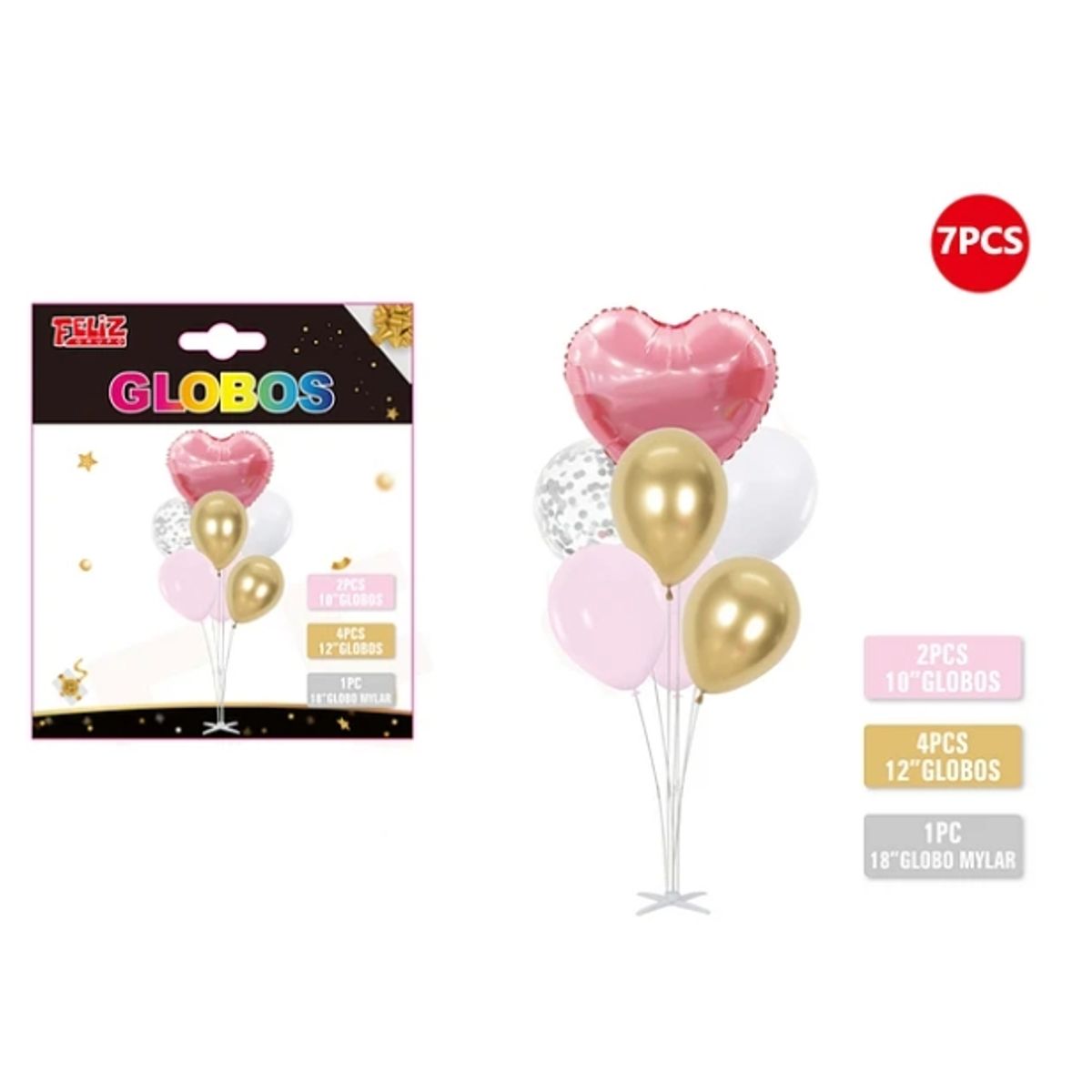 GENERICO - Set Globos Rosado Dorado Y Corazón Rojo Con Pedesta 7 Pcs