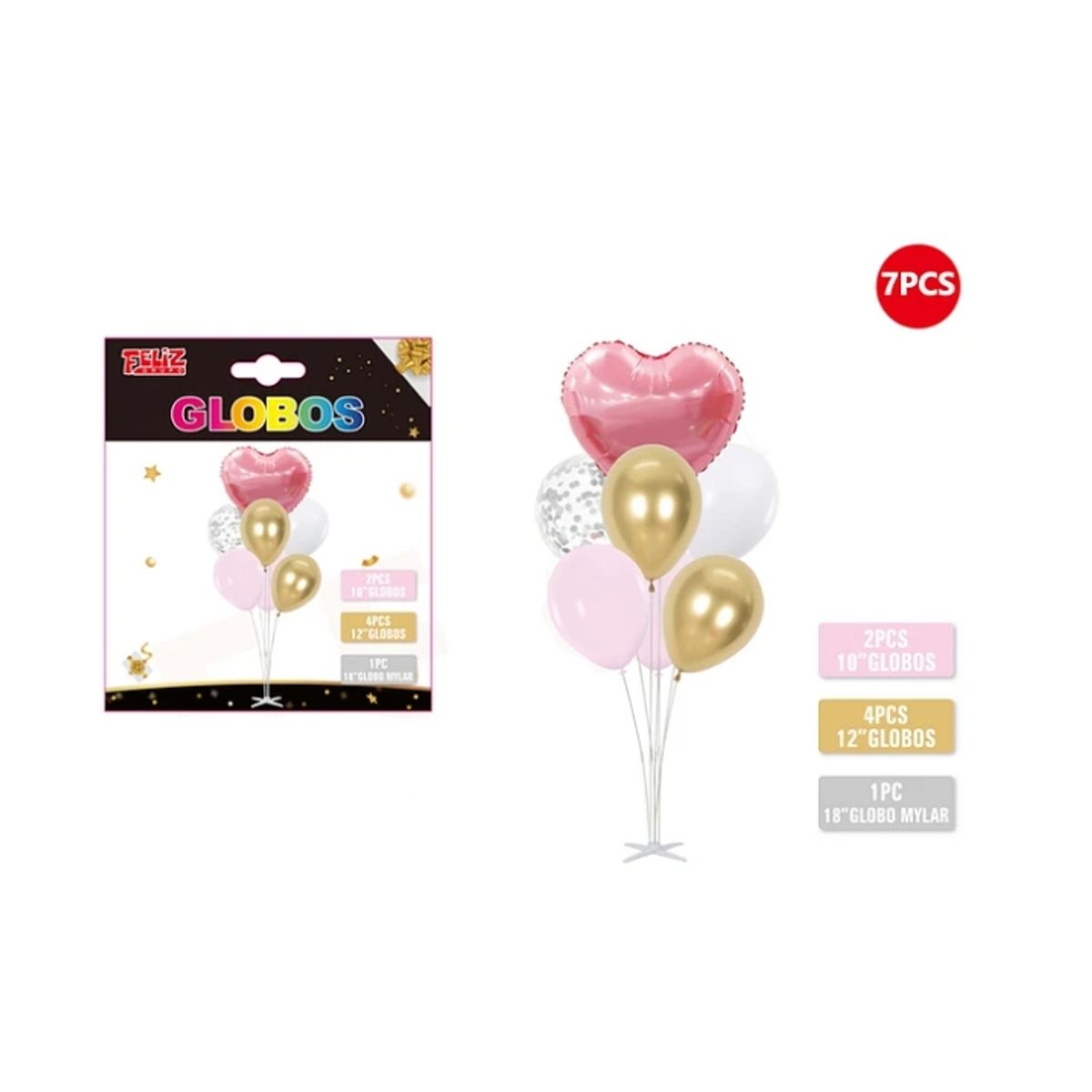 GENERICO - Set Globos Rosado Dorado Y Corazón Rojo Con Pedesta 7 Pcs