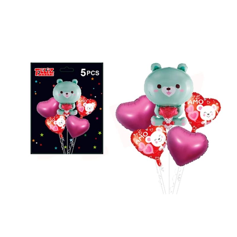 GENERICO - Set Globos Te Amo Con Corazones Y Osito Celeste 5 Pcs