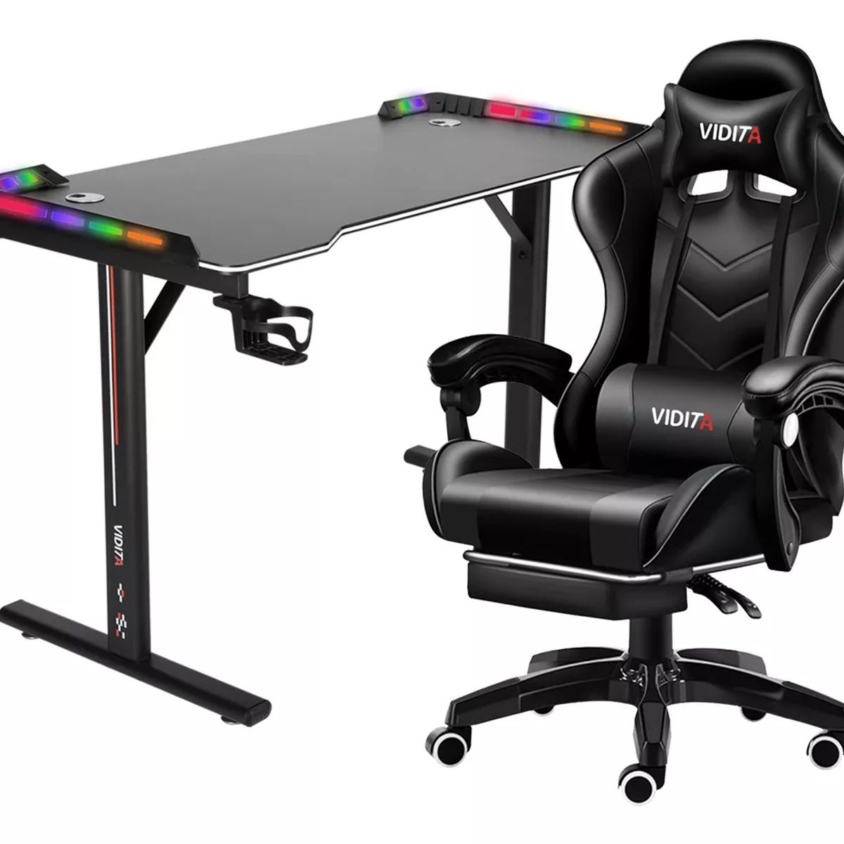 VIDITA - Set Silla Gamer Con Reposapiés y Escritorio Gamer T-RGB 120cm Negro