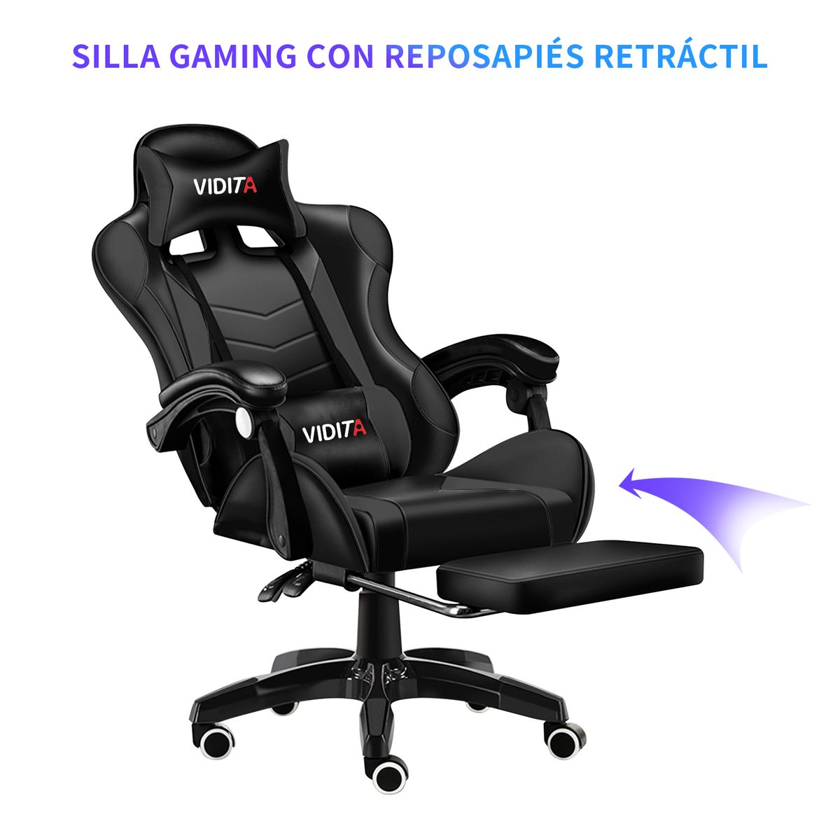 VIDITA - Set Silla Gamer Con Reposapiés y Escritorio Gamer T-RGB 120cm Negro