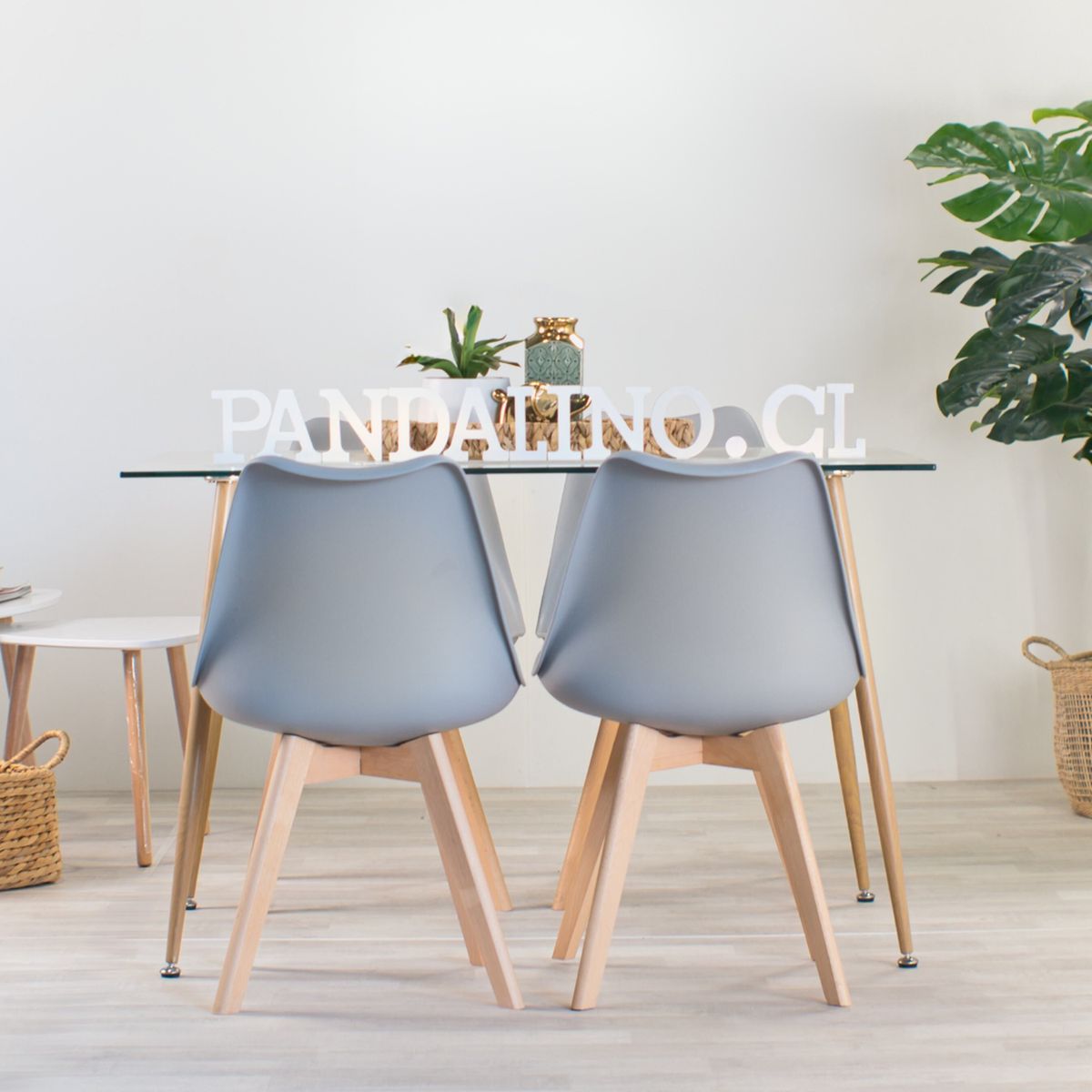 PANDALINO - Comedor Mesa Rectangular Vitreo 120x80 + 4 Sillas Tulip Gris