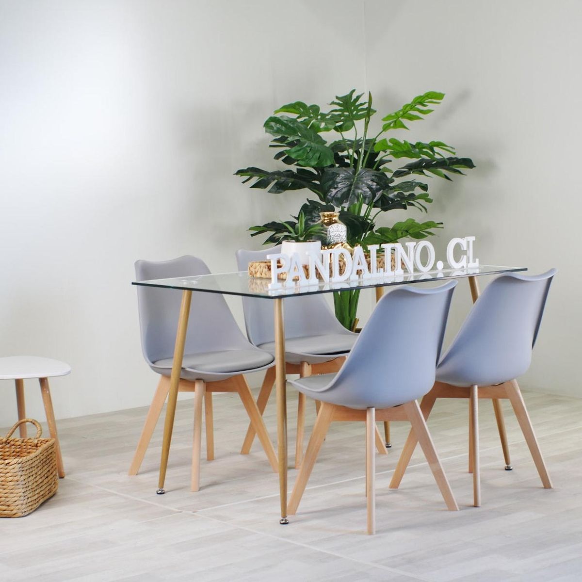 PANDALINO - Comedor Mesa Rectangular Vitreo 120x80 + 4 Sillas Tulip Gris
