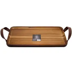 WAYU - Bandeja de Acacia con Azas de Cuero 35x21cm Asado Bbq Quincho