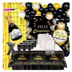 GENERICO - Set De Cumpleaños Negro Dorado Pack Cotillón Fiesta 20 Pers