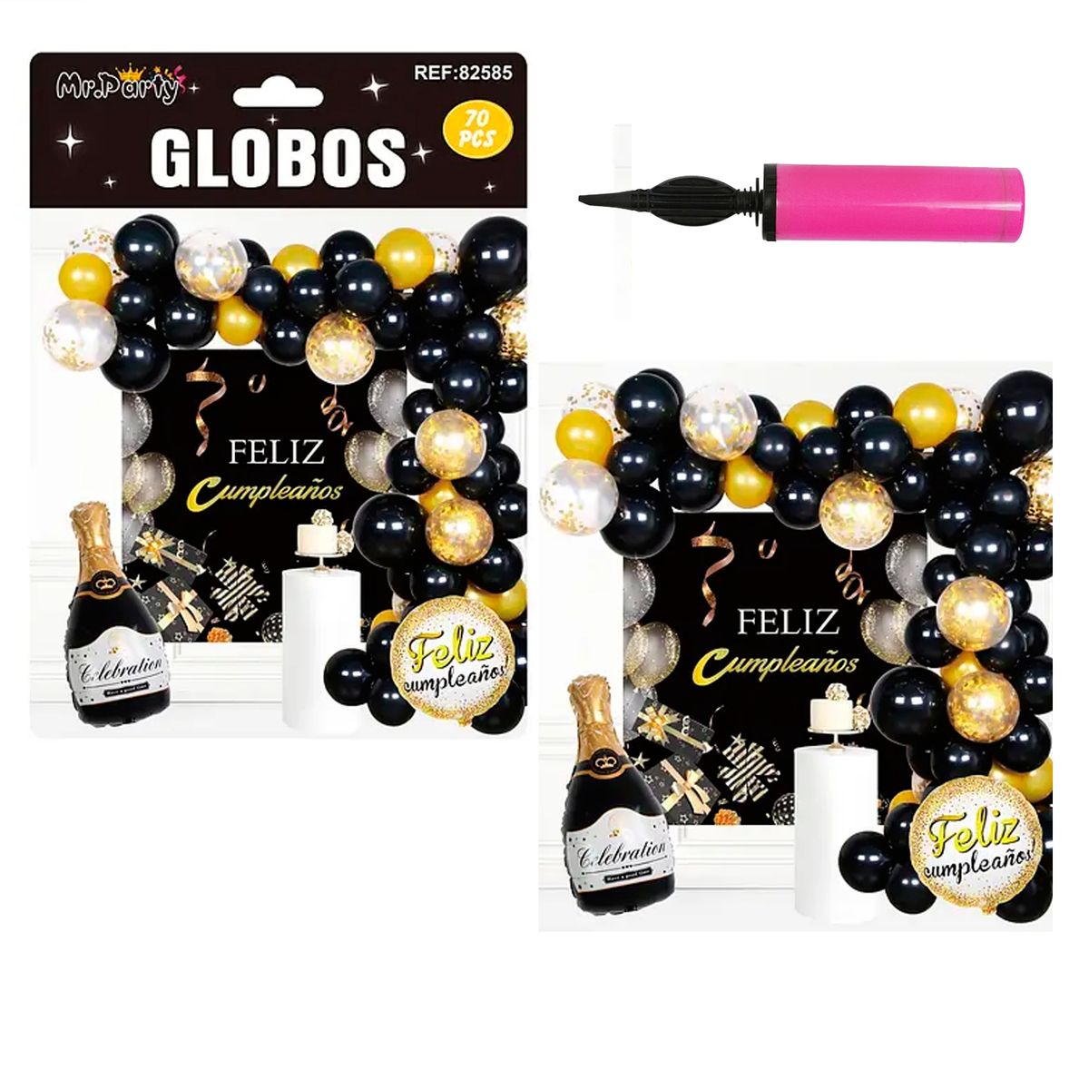 GENERICO - Set De Cumpleaños Negro Dorado Pack Cotillón Fiesta 20 Pers