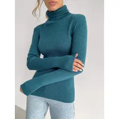 TIOZONEY - Sweater De Cuello Alto Mujer - Turquesa