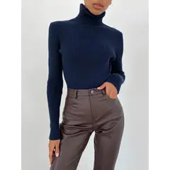 TIOZONEY - Sweater De Cuello Alto Mujer - Azul Oscuro