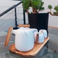 Set cerámica oriental 4 tazas y tetera con infusor + bandeja de madera