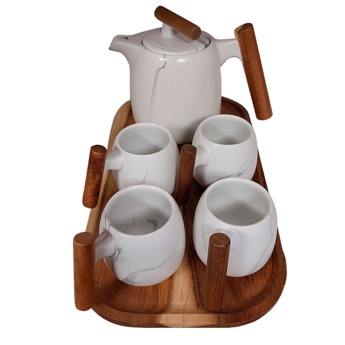 GENERICO - Set cerámica oriental 4 tazas y tetera con infusor + bandeja de madera