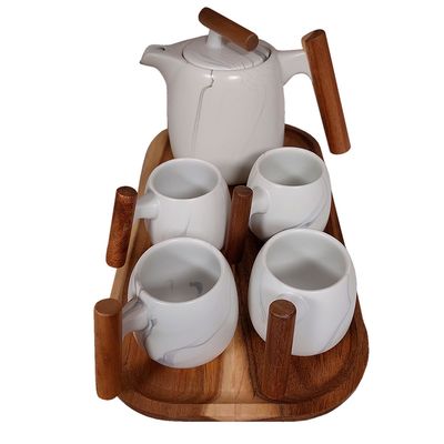 Imagen 2 del producto Set cerámica oriental 4 tazas y tetera con infusor + bandeja de madera