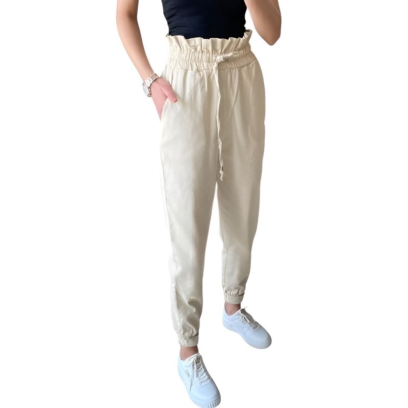 MROTTO - Jogger Buzo Mujer Tiro Alto Beige con Cintura Ajustable