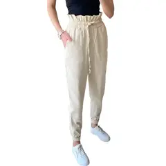 MROTTO - Jogger Buzo Mujer Tiro Alto Beige con Cintura Ajustable