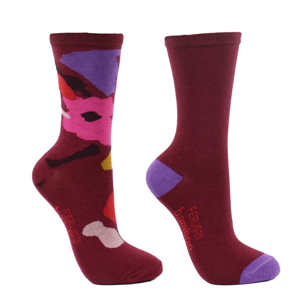 PERUGGI - 2 Pares Calcetín Bamboo Flores Paint Largo 3/4 Granada