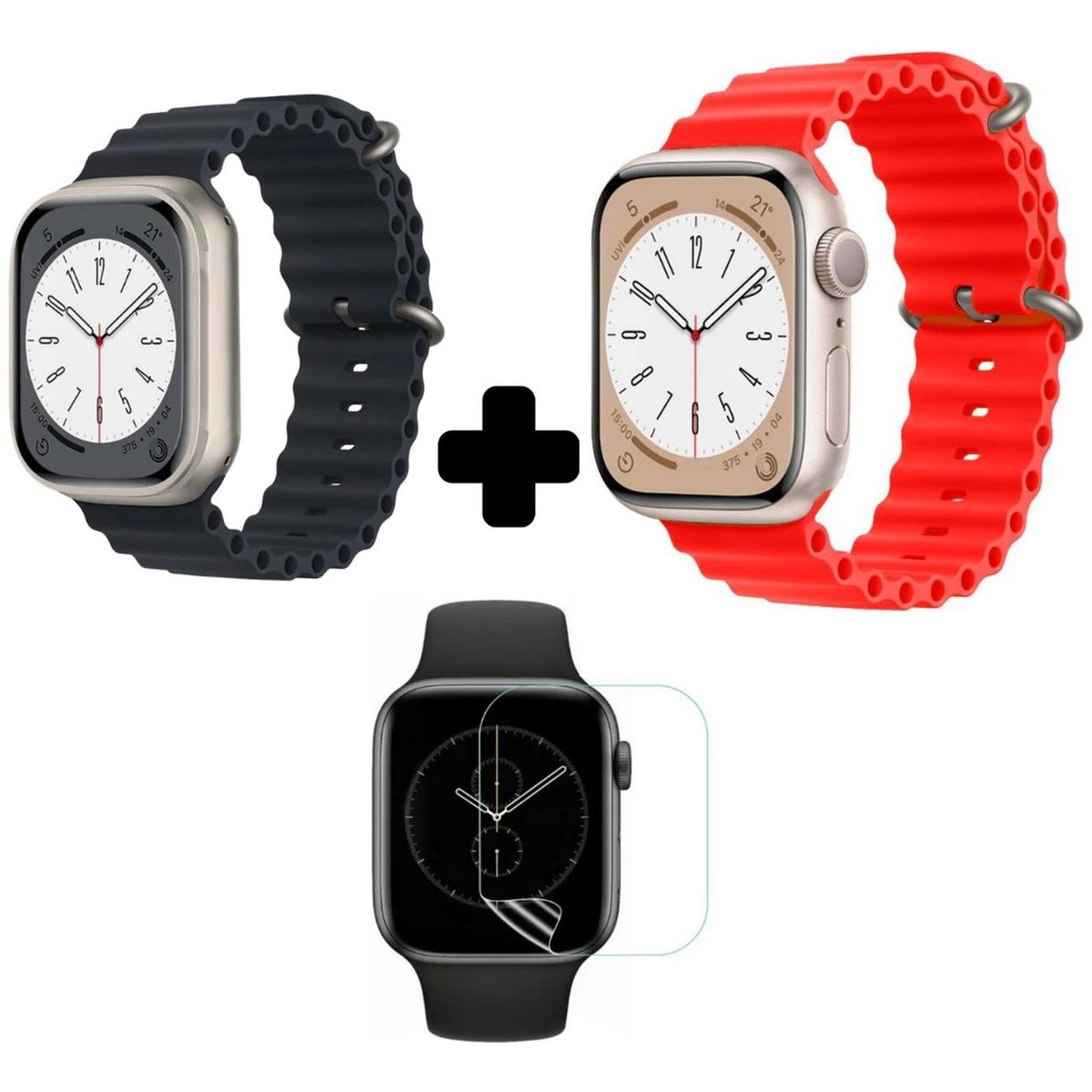 UNIVERSAL - 2 Correa Ocean Apple Watch Smartwatch Negro Y Blanco + Protector 45mm - Amarillo - Rojo