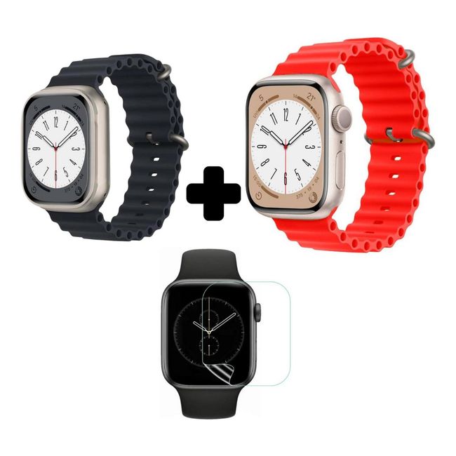 UNIVERSAL - 2 Correa Ocean Apple Watch Smartwatch Negro Y Blanco + Protector 45mm - Amarillo - Rojo